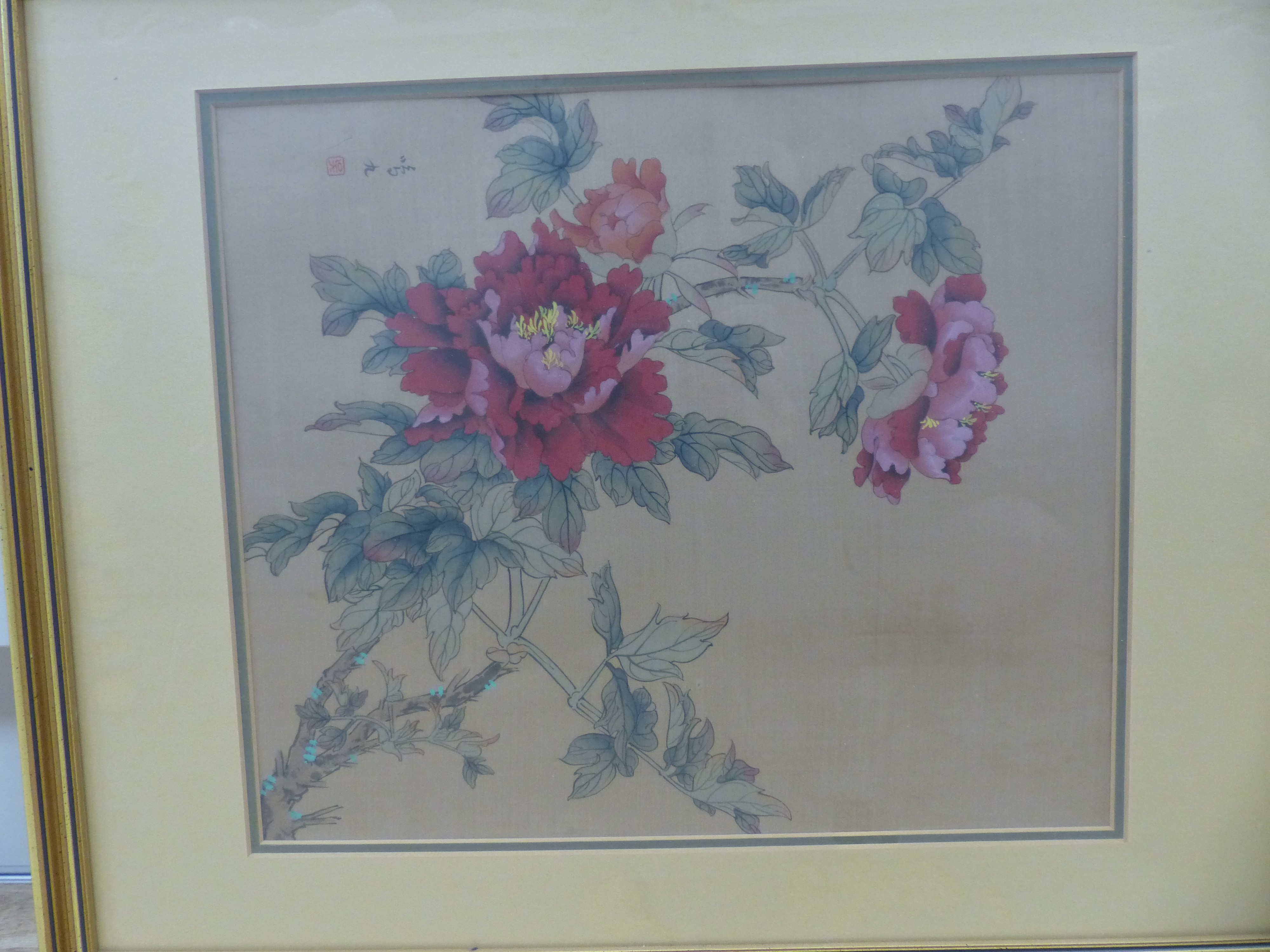 A pair of Chinese watercolours on silk, Butteflies among peony, 36 x 30cm